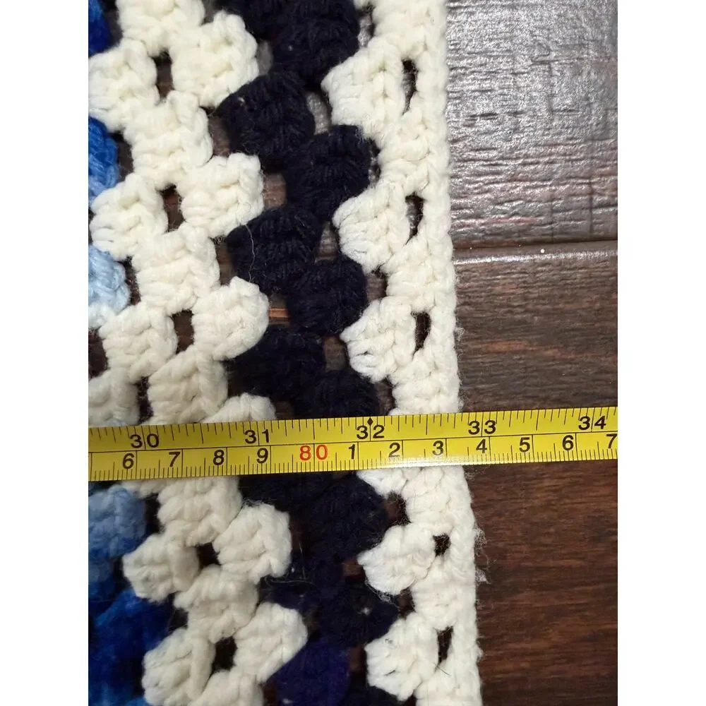 Vintage Crochet Granny Square Blanket Throw Large Colorful Rainbow Blue Border